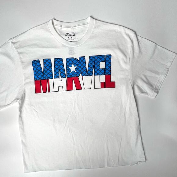Marvel Red White and Blue Cropped Short Sleeve Graphic Tee Sz M - Picture 1 of 8